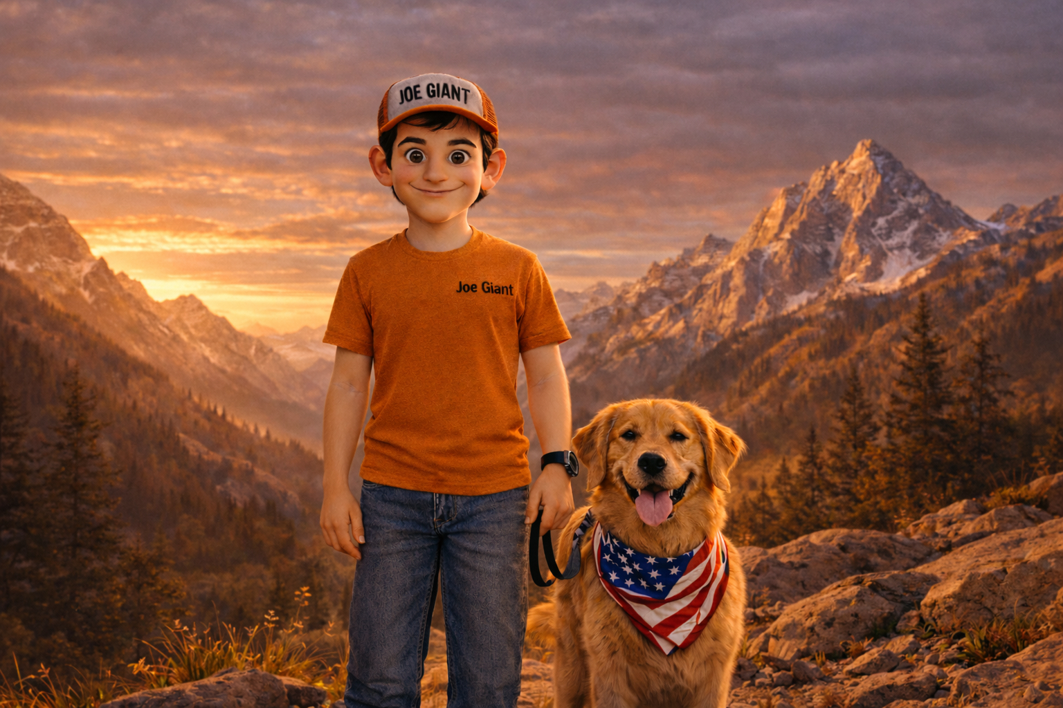Joe Giant standing with his dog in the mountains